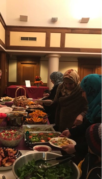 Thanksgiving dinner for refugees at St. John’s Episcopal Church, West Hartford. Photo courtesy of Rector Susan Pinkerton